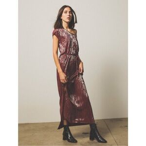 The ODELLS Plissé Micro-Pleated Maxi Dress | Maroon & Silver | XS